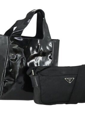 PRADA Shoulder Bag Nylon Enamel 2 Set Black Auth ar13916